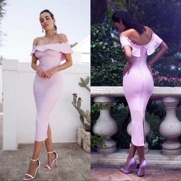House of CB AMADEA Lilac Fluted Off Shoulder Midi Bandage Dress Large - Picture 5 of 6